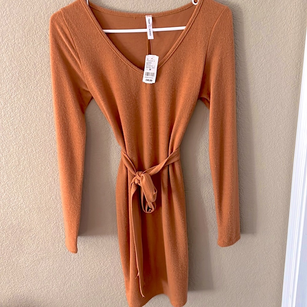 NWT Caramel brown long sleeve dress. Size small but fits like a S/M